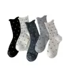 Calcetines apilados con borde de volantes de moño y rayas verticales, malla de alta elasticidad, calcetines transpirables hasta la pantorrilla, dulces y versátiles, estilo delgado para el trabajo y el trayecto