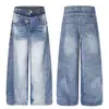 Diseño deconstruido retro americano, jeans de doble cintura, unisex, nueva colección de otoño, lavados, corte holgado, pierna ancha, pantalones largos