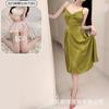 Vestido retro verde estilo francés con espalda casual atada, falda sexy con una textura de alta calidad para usar en casa