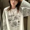 Camiseta de Manga Larga Raglán a Rayas con Bloques de Color y Estampado de Gatito de Dibujos Animados de Moda para Mujer, Top Holgado para Primavera y Otoño