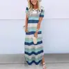 Amazon Europeu e Americano Transfronteiriço Roupas Femininas Gola V Listrado Manga Curta Vestido Longo Solto Tamanho Grande Vestido com Bolso
