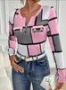 Tendência da Moda Versátil Casual Nova de Exportação Europeia e Americana Transfronteiriça Camiseta Feminina de Gola Redonda com Estampa Xadrez de Manga Longa