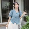 Nueva Camisa de Mezclilla con Mangas Cortas tipo Burbuja Estilo Chino para Mujer, Nuevo Estilo de Verano, Top Corto Elegante que Reduce la Edad, Otros