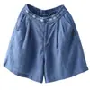 Exportar ropa de mujer: pantalones anchos de algodón y lino con cintura elástica bordada retro, shorts versátiles de trabajo casual artístico
