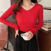 7702 # Hilo de Mecha # Foto Oficial Otoño Nuevo Suéter Básico de Punto para Mujer Aspecto Adelgazante Color Sólido Cuello en V Manga Larga