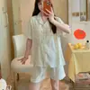 Pijama de Algodón Nube con Almohadillas en el Pecho, Shorts de Manga Corta para Mujer, Cárdigan Lindo de Verano Estilo Coreano para Mujer, Ropa Dulce para el Hogar al por Mayor