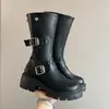 Botas Martin Pretas Retrô de Salto Grosso Plataforma Femininas 2026 Novo Verão Estilo Britânico Emagrecedoras Meio da Panturrilha Botas de Cavaleiro