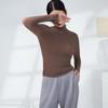 Camiseta Básica de Primavera y Otoño Miyake para Mujer, Elegante Cuello Medio Alto, Color Sólido, Corte Slim, Versátil Top Plisado de Manga Larga para Mujer