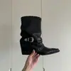 Botas de caballero con diseño de llama 2025, botines estilo Martin de punta fina y tacón grueso con diseño de remaches y cadena, botas de plataforma