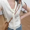 Elegante blusa feminina de tricô com manga curta, estilo duas peças com xale falso, novidade de verão 2026, fina, com trama vazada, camiseta curta