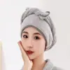 Gorro de secado de pelo de forro polar de coral de doble capa para mujer, engrosado, súper absorbente, secado rápido, gorro de ducha, toalla para el pelo, forro polar de coral a rayas, azul, otros colores disponibles