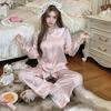 Nuevos Pijamas de Seda de Hielo 2026 para Mujer, Manga Larga y Pantalón Largo, Conjunto Casual de Ropa de Casa Estilo Francés con Encaje, Adecuado para Usar Afuera