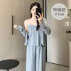 6535 Pijama de Algodão para Mulheres, Novo Estilo Primavera e Outono com Bojo, Camisola, Cardigan, Calça Longa, Doce Conjunto de Pijama Floral de Três Peças