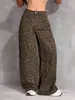 Comércio Exterior Transfronteiriço Estilo Europeu e Americano Site Independente da Amazon Calças de Pernas Largas Estilo de Rua Reto Estampa de Leopardo Cintura Alta Vintage Lavado Jeans