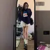 Moletom azul marinho chic retrô americano para mulheres, tamanho grande, corte solto, esconde imperfeições do corpo, jaqueta de fleece estilo ins para outono e inverno