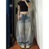 Calças Retas Lavadas Desgastadas Retrô Americanas 2025 Jeans Street com Bigodes Calças Femininas com Design Gradiente Pernas Largas
