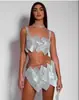 AYJ Conjunto de top sin mangas y falda con patchwork de tela de diamantes cuadrados brillantes de lentejuelas adornado con pedrería estilo europeo y americano Y1