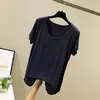 Camiseta de Verano Nueva de Modal Color Sólido Cuello Redondo Manga Corta para Mujer Holgada Adelgazante Camisa Base Dividida en Forma de U Top Versátil
