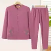 Conjunto de Roupa Íntima Térmica de Inverno para Mulheres de Meia-Idade e Idosas, Pijama com Forro de Fleece para Vovó, Conjunto de Top Estilo Cardigan e Calça para Senhoras Idosas