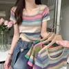 Camiseta de Mujer Verano Rayas Arcoíris Color de Contraste Cuello Cuadrado Hombro Top Corto Reductor de Edad Dopamina Puro Deseo Manga Corta Versátil