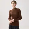 Camiseta básica de cuello semi-alto 100% cachemir puro sin costuras para mujer, cálida de punto ajustada para otoño e invierno