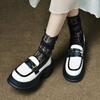 Mocassins de Sola Grossa Novos 2024 para Mulheres, Sapatos de Couro Pequenos Versáteis de Estilo Britânico com Plataforma, Sapatos de Salto Médio de Bico Redondo