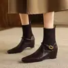 Botines bajos de cuero suave color Maillard con tacón de cuña de 5 cm para mujer, nuevos botines calcetín elásticos de punto de tacón medio para otoño e invierno con punta cuadrada