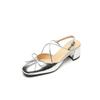 Talla Talla Reembolsable Zapatos Rojos de Cuero Completo Verano 2024 Tacón Medio Grueso Punta Cuadrada Piel de Vaca Punta Lazada Parte Posterior Sandalias Vacías