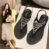 Sandalias de Tira de Dedo con Pedrería de Moda para Mujer 2025 Verano y Otoño Nuevas Versátiles Planas Casuales Estilo Bohemio Sandalias de Playa