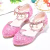 Novos sapatos de cristal prateados para desfile de meninas 2024 com vestido sapatos de princesa sandálias de salto alto com bico fechado infantis coreanas