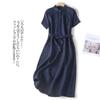 Foto real 2025 verano nuevo vestido literario retro de talla grande color sólido suelto vestido largo