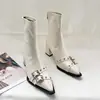 Primer Encuentro 2026 Otoño/Invierno Botines para Mujer con Punta Fina, Hebilla y Tacón Grueso, Estilo Europeo y Americano, Tacón Alto, Cierre de Cremallera Trasera, Botines Cortos Adelgazantes