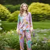 Conjunto de Pijama y Ropa de Casa para Mujer con Hámster y Peces, Cuello Camisero, Mangas Largas, Pantalones Largos, Set de Satén de Seda Hielo para Primavera y Otoño con Tacto de Alta Gama
