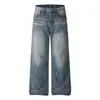 Calças jeans punk retro lavadas e desgastadas para homens, estilo de rua, vincadas, desbotadas, degradê, perna larga, calças retas casuais