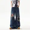 Jeans americano retrô lavado para homens e mulheres, calças de verão rasgadas e desgastadas, calças boca de sino casuais versáteis de alta rua
