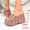 Chanclas con Cuña de Suela Gruesa de Comercio Exterior de Talla Grande para Mujer, Sandalias de Playa de Tela con Cuña Rayada de Colores