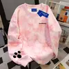 Sudadera Redonda con Estampado de Huella de Pata Americana Linda Estilo Coreano para Mujer Otoño e Invierno Tono Rosa Tie-Dye Campus Nicho Top