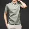Camiseta de Manga Corta para Hombre de Venta Caliente Transfronteriza Cuello de Solapa Ligera de Negocios Manga Corta Tapeta Oculta Tejido de Seda Helada Fresco Delgado Elástico Sin Costuras
