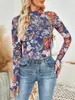 Camiseta base de malla floral con encaje, manga larga, estampada, estilo europeo y americano, ajuste ceñido, superventas transfronterizo de Amazon 2026 para mujer