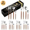 26 Nuevos Modelos de Juegos de Cubiertos de Acero Inoxidable Transfronterizos con Mangos de Imitación de Madera y Cuchillos, Tenedores y Cucharas de Cola Puntiaguda, Adecuados para Regalos de Hotel