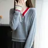 Suéter de Punto de Manga Larga con Bloques de Color Estilo Francés Miu para Mujer 2026 Tejido Fino Cuello en V Bloques de Color Suéter Cálido Básico