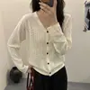 Cardigan Tricotado com Decote V Vazado para Mulheres Fino Novo Outono 2025 Suéter Outer de Botão Único Jaqueta Curta