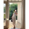 Vestido blanco de lunares con escote en V para mujer, estilo francés de verano, sexy, sin espalda, elegante, falda de longitud media