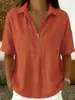 2026 Verano Nuevo Estilo Amazon Wish Comercio Exterior Transfronterizo Camisa para Mujer Moda Color Puro Cremallera Manga Corta Camiseta para Mujer