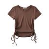 Design estilo europeu e americano sensação de pequena gola V manga curta camiseta feminina verão novo garota quente cordão lateral plissado fino top curto