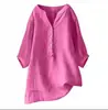 20234 Verano Holgada Talla Grande Mujer Cuello en V Delantero Corto Trasero Largo Algodón Lino Longitud Media Cómoda Delgada Camisa
