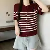 Cardigã de Tricô com Listras de Seda Gelada de Manga Curta para Mulheres, Design de Verão 2026, Gola Redonda, Bordado de Urso, Blusa Solta para Mulheres
