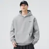 Moletom com capuz e forro de fleece pesado de 420g para homens, outono e inverno, bordado de letras estilo americano, moletom cinza de corte solto
