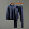 Traje de Ropa Interior Térmica Suave para Piel de Lana y Seda Invierno Hombres Cuello Redondo Simple Ropa y Pantalones de Otoño