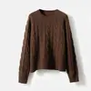 Suéter de Punto Trenzado Retro Grueso de Cuello Redondo 100% Lana Nuevo para Otoño e Invierno, Suéter de Punto para Mujer, Top Versátil de Corte Ajustado
